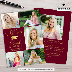 Elegant Maroon Gold 6 Photo Collage Graduate Announcement