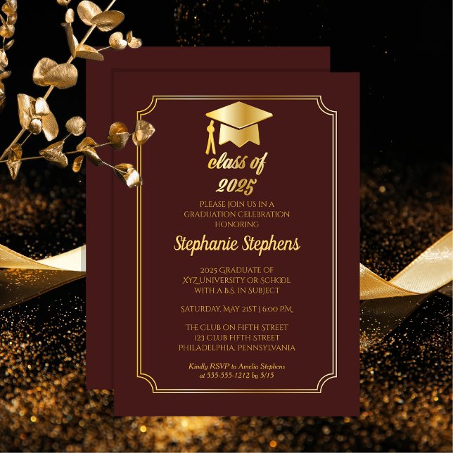 Elegant Maroon | Gold Cap College Graduation Party Invitation (Elegant Maroon and Gold Tone Grad Cap College Graduation Party Invitation - Print | Download)