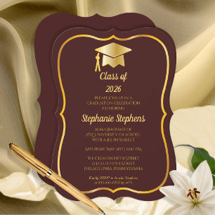 Elegant Maroon   Gold Cap Graduation Party Invitation
