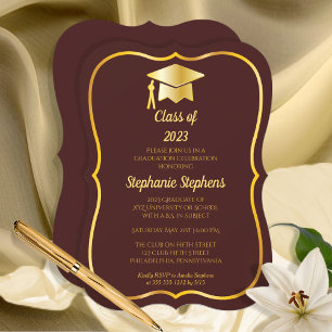 Elegant Maroon Gold Cap Graduation Party Invitation