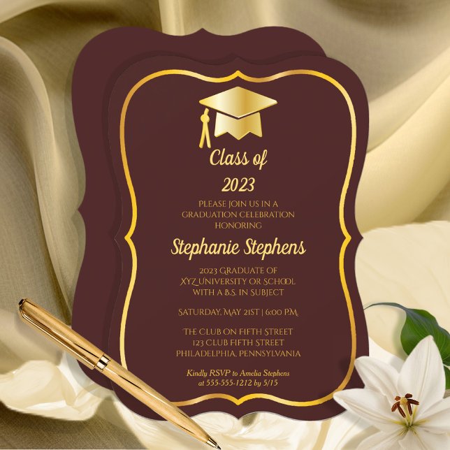 Elegant Maroon | Gold Cap Graduation Party Invitation (Creator Uploaded)
