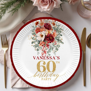 Elegant Maroon Gold Floral 60th Birthday Paper Pla Plate