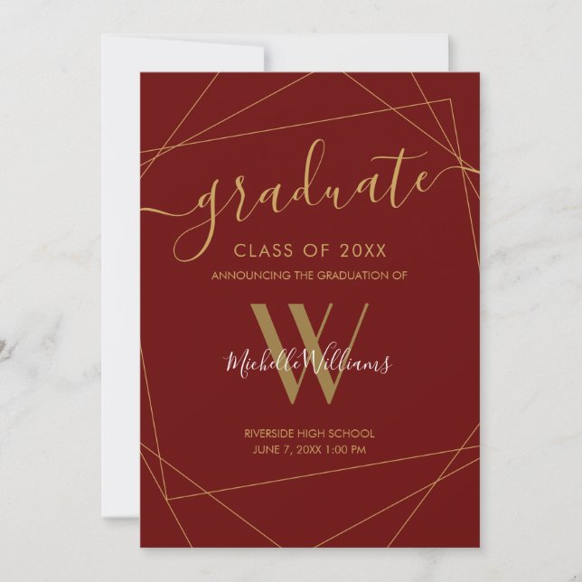 Elegant Maroon Gold Geometric Monogram Graduation Announcement (Front)