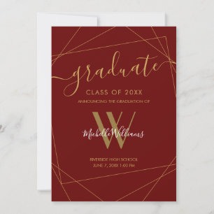 Elegant Maroon Gold Geometric Monogram Graduation Announcement