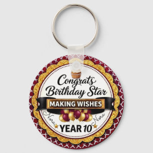 Elegant Maroon Gold Glitter Birthday Star Personal Key Ring