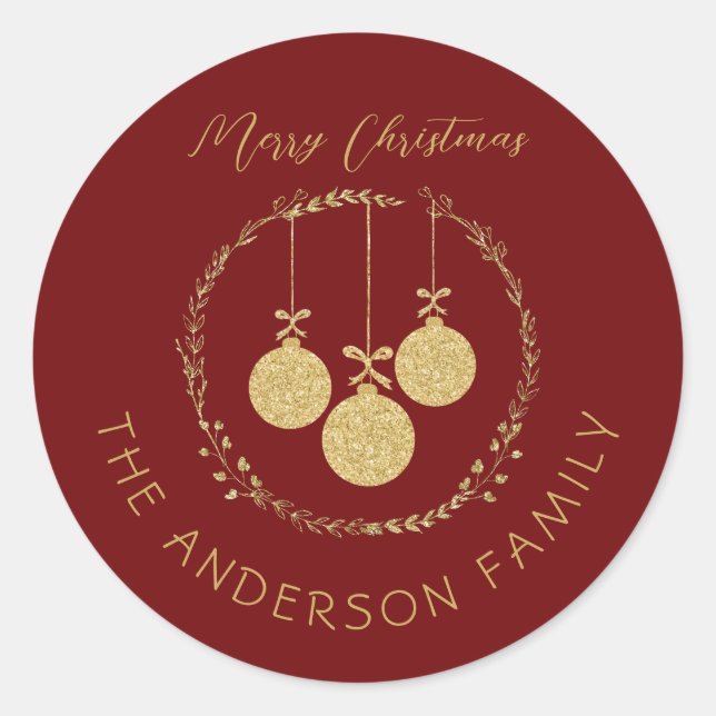 Elegant Maroon Gold Glitter Christmas Family Name Classic Round Sticker (Front)