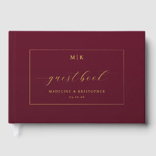 Elegant Maroon Gold Initials Guest Book