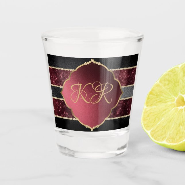 Elegant Maroon & Gold Monogram Initials Shot Glass (Front)