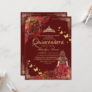 Elegant Maroon Gold Rose Princess Quinceañera Invitation