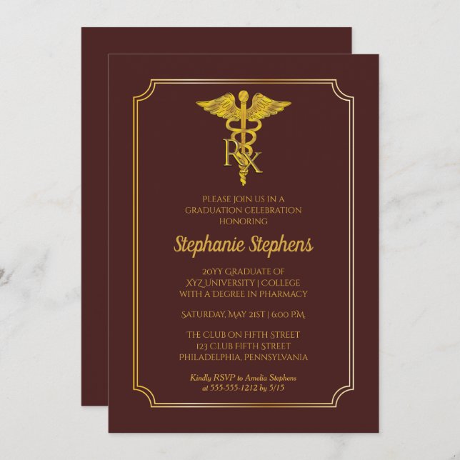 Elegant Maroon | Gold Rx Pharmacy Graduation Party Invitation (Front/Back)