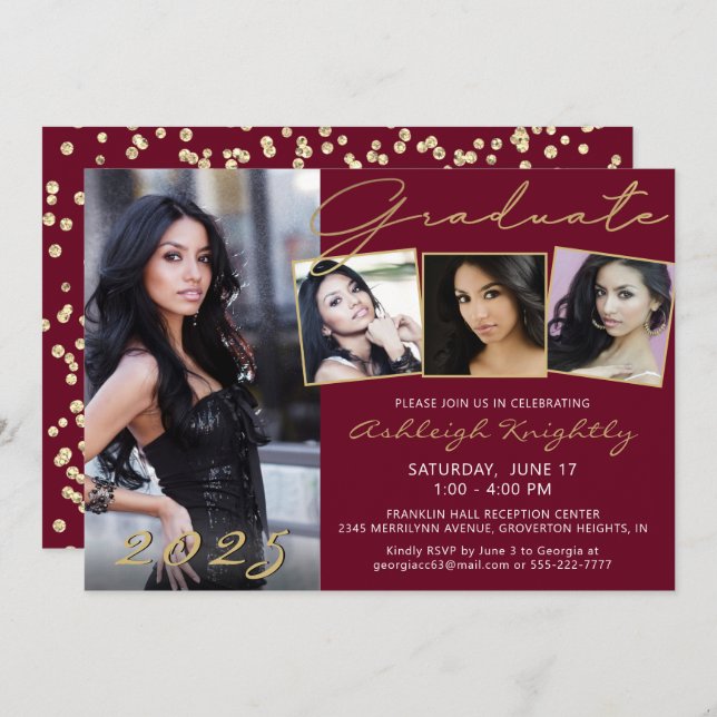 Elegant Maroon Gold Script 4 Photo Graduate Invitation (Front/Back)