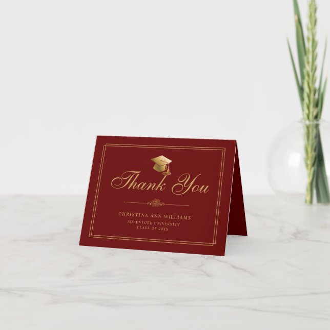 Elegant Maroon Gold Script Cap Graduation Thank You Card (Front)
