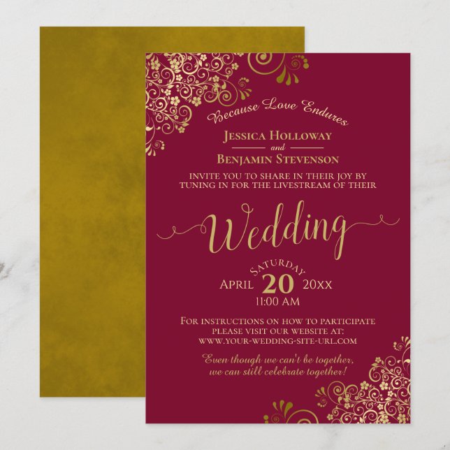 Elegant Maroon & Gold Virtual Wedding Livestream Invitation (Front/Back)