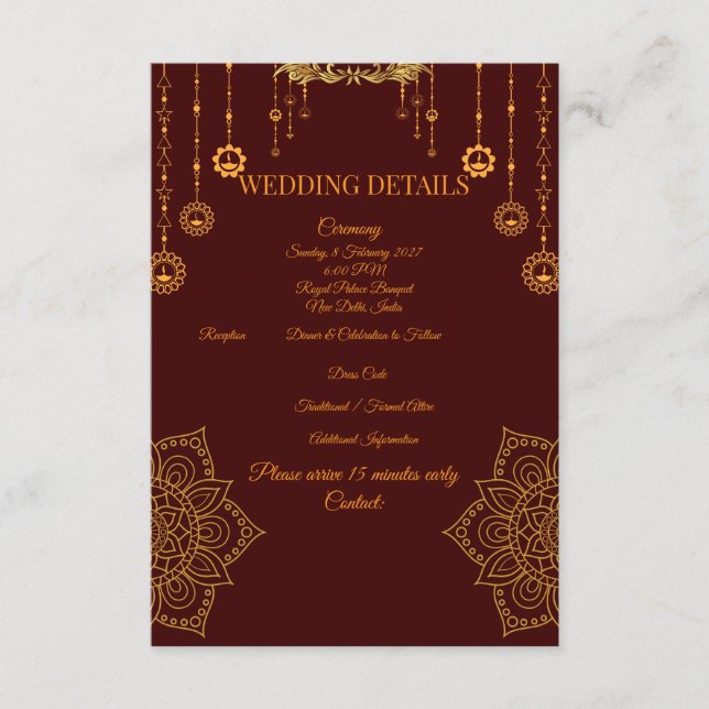 Elegant Maroon & Gold Wedding Details Card | (Front)