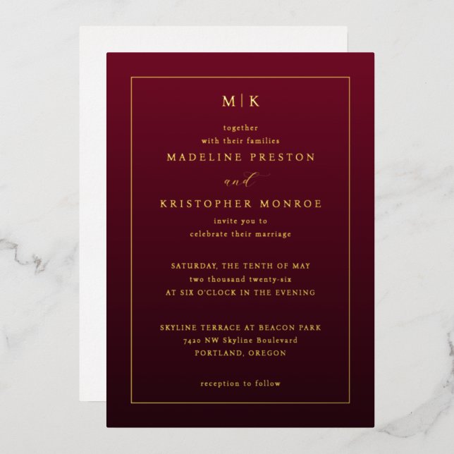 Elegant Maroon Gold Wedding Invitation (Front/Back)