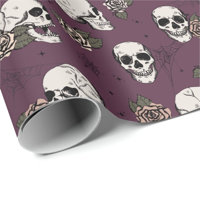 Elegant Maroon Gothic Skulls Halloween Wrapping Paper (Roll Corner)
