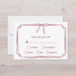 Elegant Maroon Hand-Drawn Bow Timeless Wedding RSVP Card