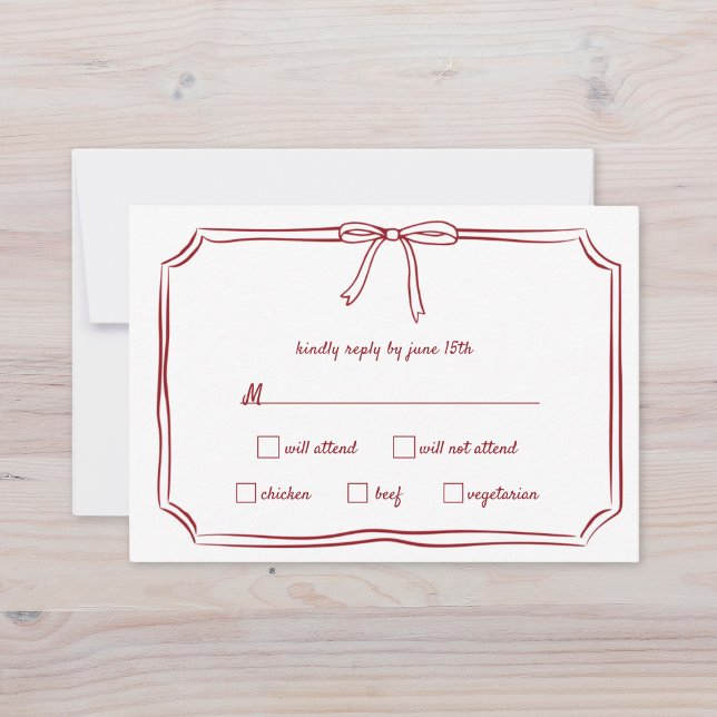 Elegant Maroon Hand-Drawn Bow Timeless Wedding RSVP Card (Creator Uploaded)