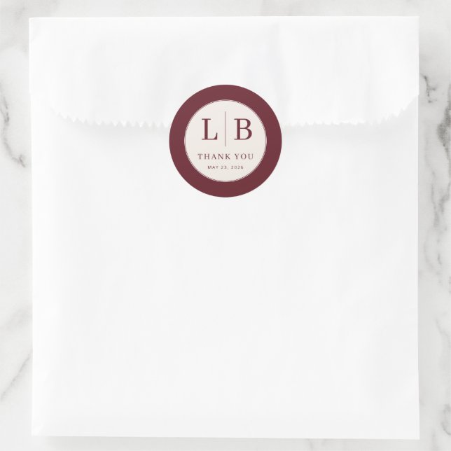 Elegant Maroon Initials Classic Round Sticker (Bag)