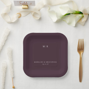 Elegant Maroon Minimalist Initials Paper Plate