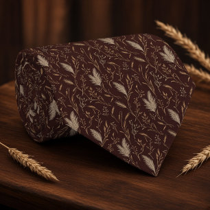 Elegant Maroon Pampas Grass Wheat Groomsmen Tie