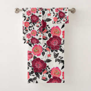 Elegant Maroon Pink Burgundy Rose Floral Pattern Bath Towel Set
