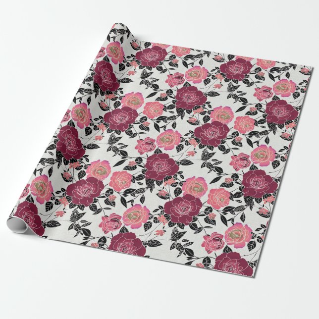 Elegant Maroon Pink Burgundy Rose Flower Pattern Wrapping Paper (Unrolled)