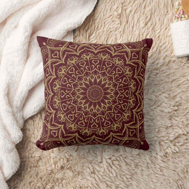 Elegant Maroon Red and Gold Mandala Boho Cushion (Blanket)