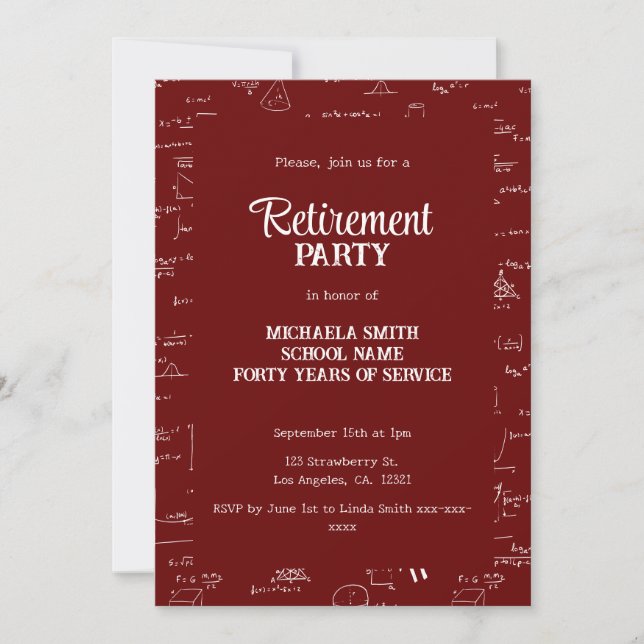 Elegant Maroon Red Math Teacher Retirement Party Invitation (Front)