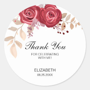 Elegant Maroon Rose Floral Greenery Birthday Classic Round Sticker