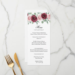 Elegant Maroon Rose Watercolor Botanical Wedding Menu