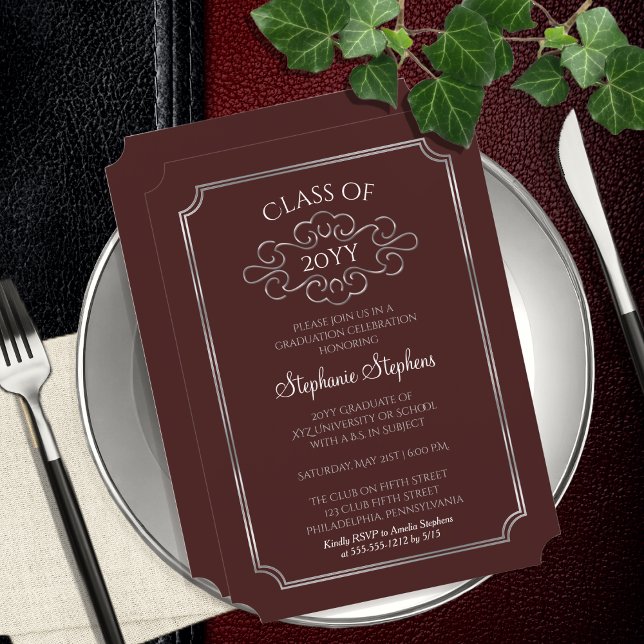 Elegant Maroon | SIlver College Graduation Party Invitation (Elegant Maroon and Silver Tone College Graduation Party Invitation Available for Print And Download)