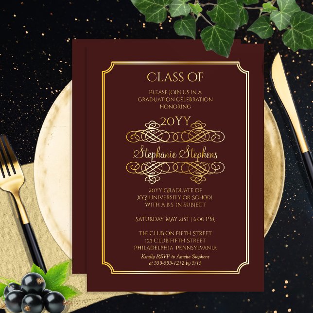 Elegant Maroon University Graduation Party Gold  (Elegant Maroon College or University Graduation Announcement and Party Gold Foil Invitation)