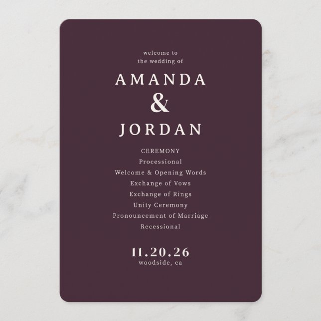Elegant Maroon Wedding Ceremony Program Programme (Front)