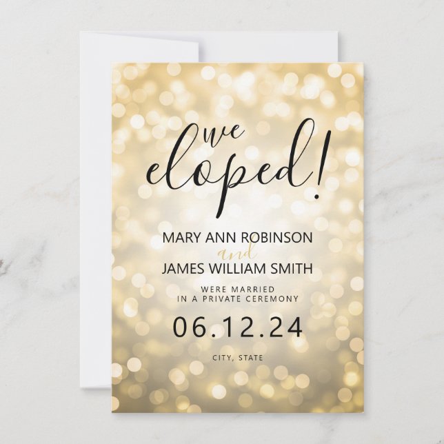 Elegant Marriage / Elopement Gold Bokeh Lights Announcement (Front)