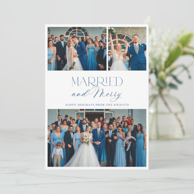 Elegant Married and Merry 3 Photo Collage Holiday Card (Standing Front)