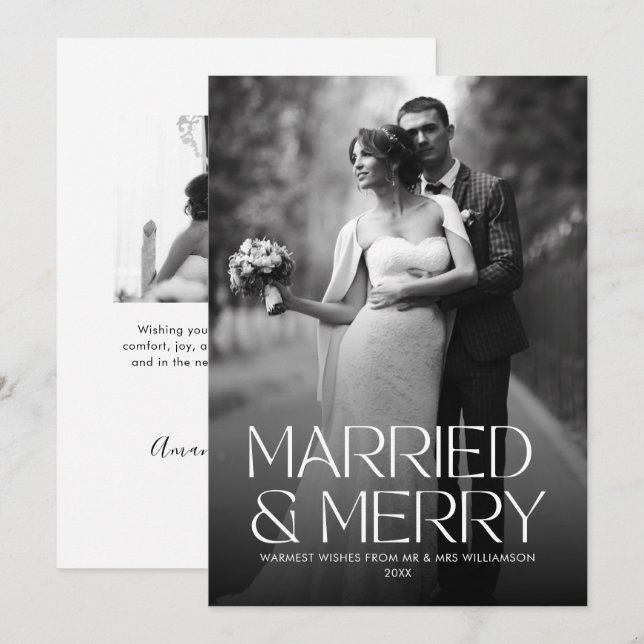Elegant Married and Merry Newlywed Photo Holiday Card (Front/Back)