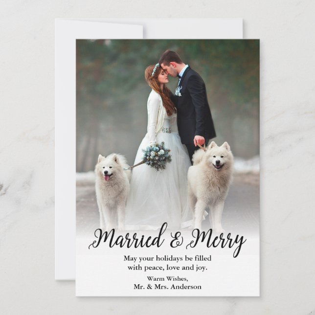 Elegant Married and Merry Wedding Photo Holiday Card (Front)