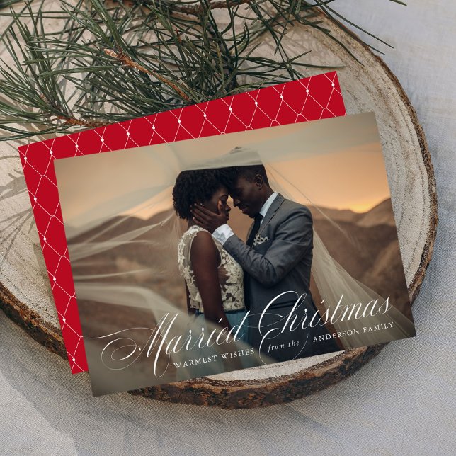 Elegant Married Christmas Calligraphy Red Photo Holiday Card (Creator Uploaded)