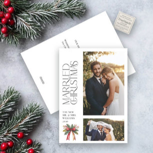 Elegant Married Christmas Red Bow Newlywed 2 Photo Holiday Card