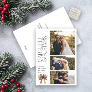 Elegant Married Christmas Red Bow Newlywed 3 Photo Holiday Card
