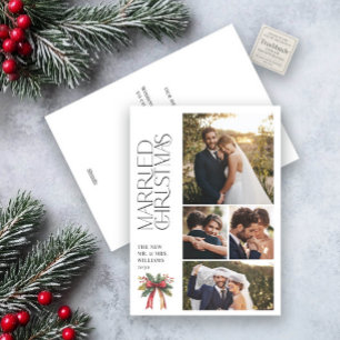 Elegant Married Christmas Red Bow Newlywed 4 Photo Holiday Card