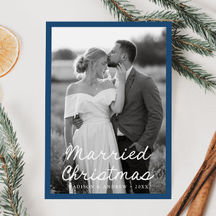 Elegant Married Christmas Script Blue 2 Photo Holiday Card