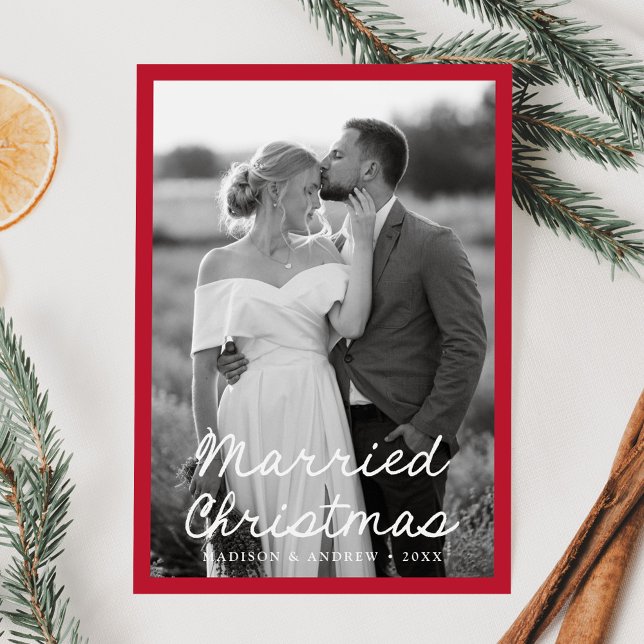 Elegant Married Christmas Script Red 2 Photo Holiday Card (Creator Uploaded)