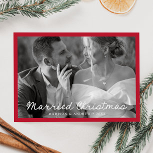 Elegant Married Christmas Script Red Photo Holiday Card