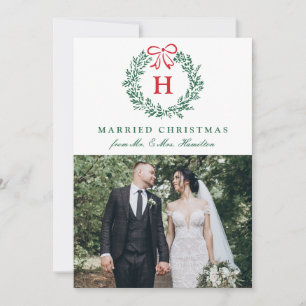 Elegant Married Christmas Wreath Monogram 4 Photo Holiday Card