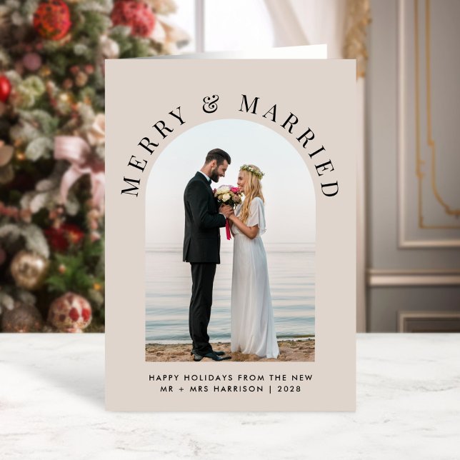 Elegant Married Merry Arch Photo Taupe Christmas Holiday Card (A beautiful and unique photo card to announce your marriage to family + friends this holiday season)