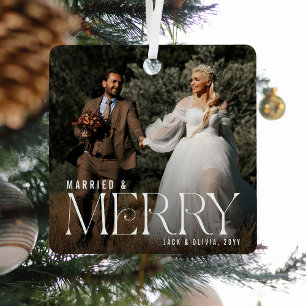 Elegant Married & Merry Newly Weds Photo Keepsake Metal Tree Decoration