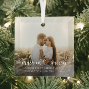 Elegant Married & Merry Script Photo Glass Tree Decoration