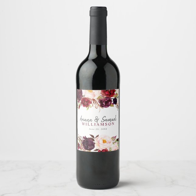 Elegant Marsala Blush floral Wedding Wine Label (Front)